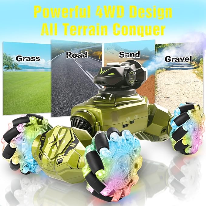 Gesture Sensing Remote Control Car RC Cars Toys for Boys Age 6-12 4WD Hand Controlled Twist &amp Transform 360° Spins Stunt Car with Mist Light &amp Music 8-10 Year Old Boys Birthday Gift Green