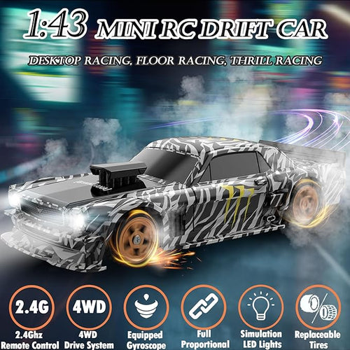 1/43 Mini RC Drift Car with Gyroscope 2.4GHz 4WD Full Proportional High Speed Micro Hobby RC Cars with Lights Racing Tires Fast Small Remote Control Car Toy Model Gift for Adults Kids Boys Girls