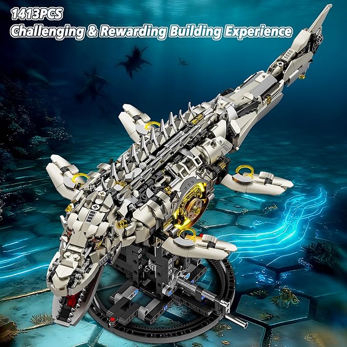 1413-PCS Mechanical Mosasaurus Building Blocks Set with LED Light Movable Linkage Gears Display Stand - Ocean Building Blocks for Adults Teens Kids