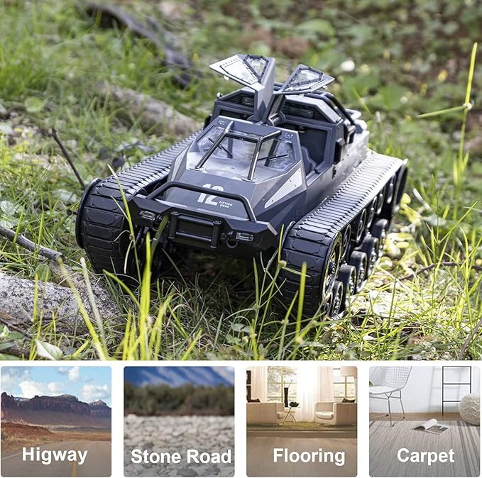 RC Tank Car 1:12 Remote Control Crawler 12KM/H High Speed Tank 2.4Ghz RC Rock Crawler Off-Road 4WD 360°Rotating Drifting Car with Rechargeable BatteryMilitary Truck Toy for Adults and Kids