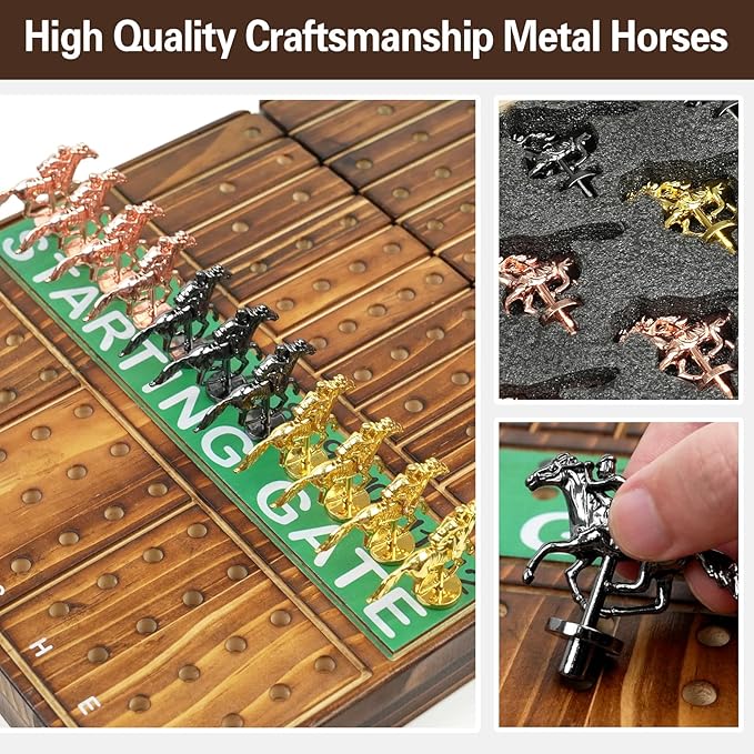 FUNNYB&ampG 21 inches Horse Race Board Game Foldable Large Horse Racing Game for Adults with 11 Metal Horses Solid Wood 60 Pcs Poker Chips 2 Dice 1 Pack of Cards for Family Tabletop Parties(Brown)