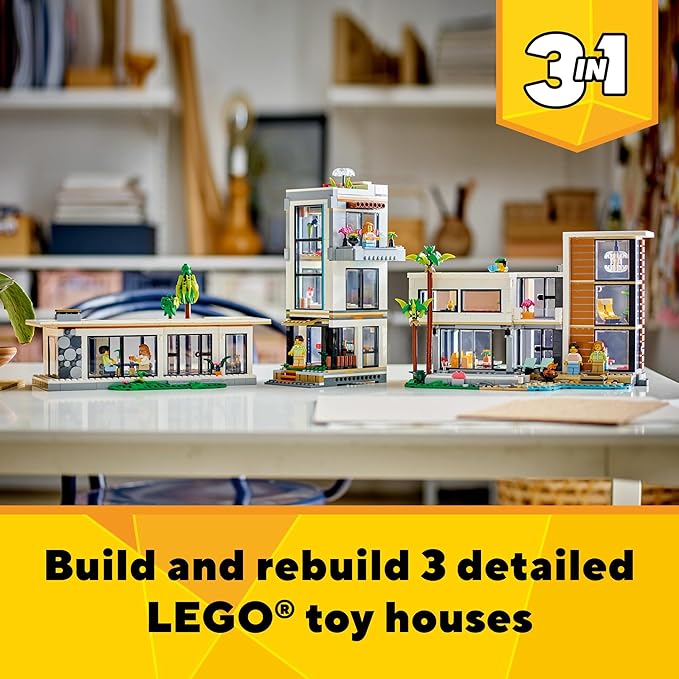 LEGO Creator 3 in 1 Modern Toy House - Kids Toy Building Set with 3 Building Options for Boys &amp Girls Ages 9+ - with 2 Minifigures for Pretend Play - Gift Idea for Birthday - 31153