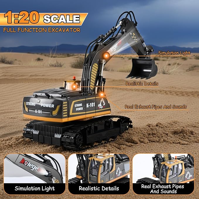 kolegend Remote Control Excavator Toy 16 Inch 9 Channel RC Construction Vehicles Hydraulic Haulers Digger Toys Gift for 6 7 8 9 10 Years Old Kids Boys