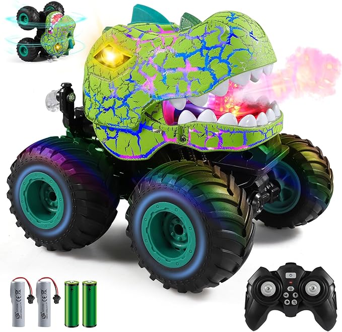 DYODYORC Remote Control Car 2.4Ghz All Terrain Dinosaur Monster Truck Toys RC Truck with Spay Music 3 Lighting Effects Stunt Capable Toy Gifts for Boys and Girls (Green)