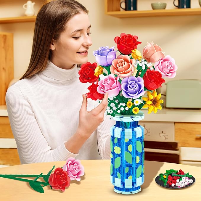Roses Flowers Building Set with Vase &amp LED Light Easter/Birthday Day Gift for Her/Him 16 Mini Flowers Bouquet Building Blocks Toy Artificial Flowers for Home Office Decor &amp Display
