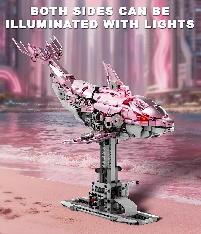 Mechanical Dolphin Building Kit Hand Crank Building Toys with Moving Jaw Swimming Tail &amp Glowing Light Effects STEM Educational Toy &amp Unique Desk Decor for Ages 8+ &amp Adults Pink