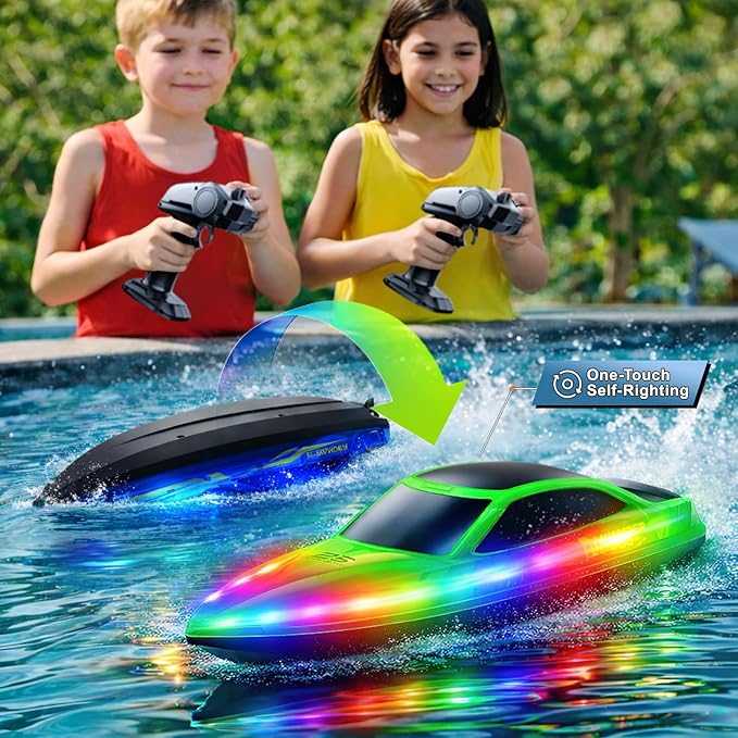 RC Boat 2 Pack Remote Control Boats with 7-Mode Colorful LED Lights 10 Inch RC Boats 15KM/H High Speed 2.4GHz Remote 3 Speed Modes 4 Batteries for Kids &amp Adults Pool &amp Lake Racing