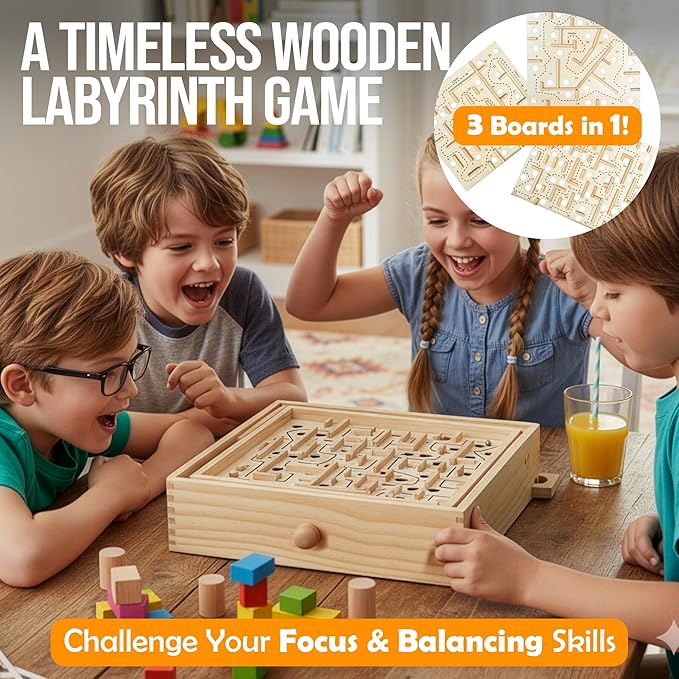 Sterling Games Wooden Labyrinth with 3 Swappable Boards – Classic Maze Game with 60 36 and 25 Waypoints – Wooden Tilt Puzzle with Knob Control and 3 Steel Marbles for Kids Age 6+