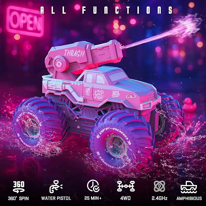 BEZGAR Amphibious Remote Control Car for Girls - Pink Monster Truck Toys 1:16 RC Boats 2.4GHz Waterproof Tank with Shooting Water Pistol 4WD All-terrian Off-Road Pickup Outdoor Girls Kids Gifts