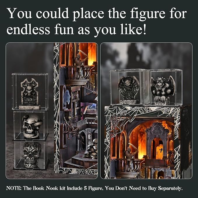 Book Nook Kit DIY Doll House Booknook Miniature Kit for Bookshelf Doll Houses for Adults Teen Halloween 3D Wooden Puzzle Bookends with Led Light and Dust Cover (Haunting Relics)