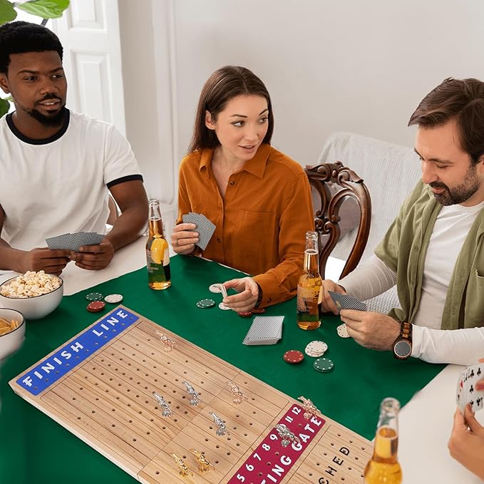 Extra Large 28 inches Foldable Horse Race Board Game for AdultsThickened Wood ChessboardIncludes 11 Luxurious Metal Horses 60 Chips2 Dice2 Boxes of CardsClassic Wooden Table Top Board Games