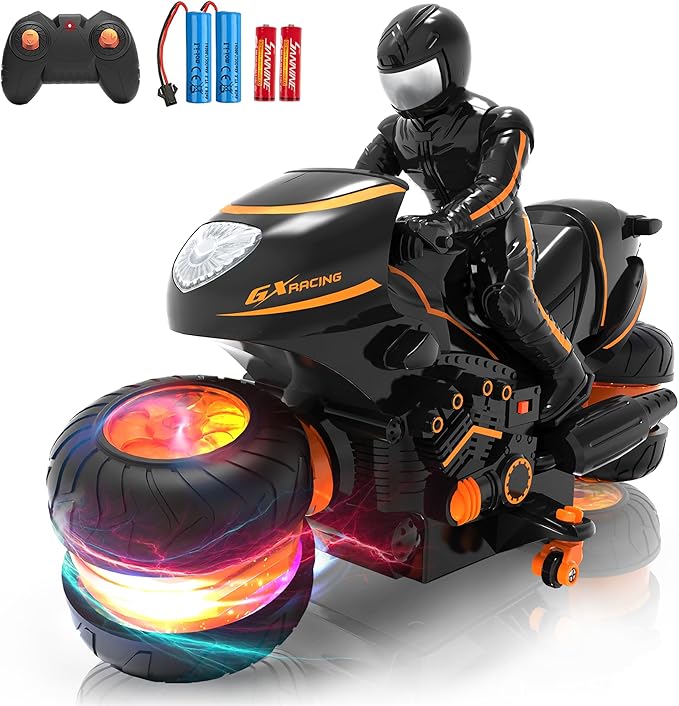 Remote Control Motorcycle for Kids 5-12 2026 New Edition RC Stunt Bike with Sideways Glide RGB Color-Changing Wheels 2.4GHz Anti-Interference 2x1200mAh Battery Gift for Boys Girls