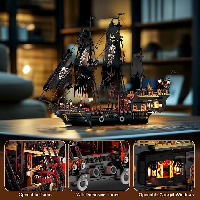 NUTCRACKER Pirate Ship Building Set with LED Light Black Pearl Ship Toy Building Set Sailboat Model Home Decor Easter Christmas Birthday Gift for Adults（1713 Pieces）