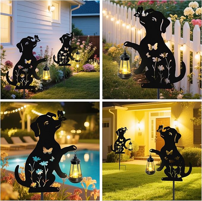 Solar Lights Outdoor Stakes Metal Dog Solar LightsBirthday Gifts for Women Mom Grandma Waterproof Hanging Lantern Garden Ornaments Decor Outside Backyard Yard Art Patio Pathway