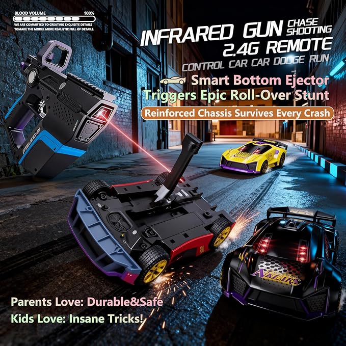 3-in-1 RC Drift Car — Sports/Racing 2-Player Battle Set with Infrared Gun Shooting &amp Flip Effects 60-Min Playtime Family-Friendly 2.4GHz Remote Control Car Toy for Kids Ages 6+ (Black)