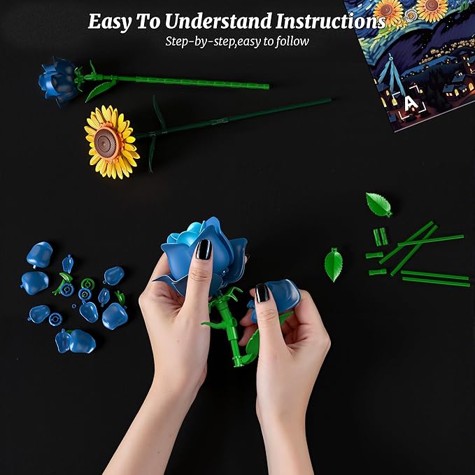 Blue Rose Sunflower Building Block Set - Compatible with Lego Flowers Adults Women Gothic Artificial Botanical Collection Van Gogh Starry Night Christmas Valentine's Gifts Home Decor