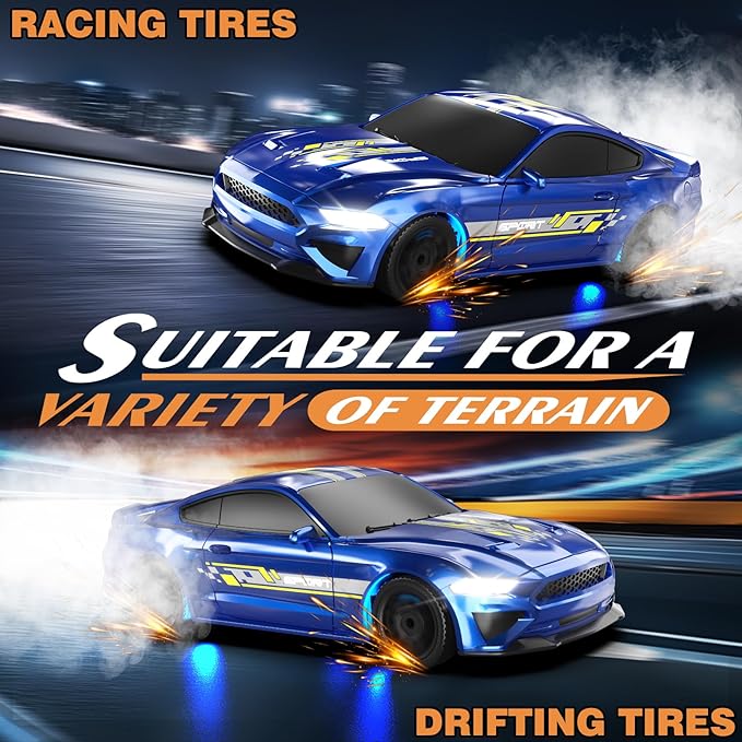 RC Drift Car 1/43 Scale Mini RC Drift Cars with Gyro 4WD Full Proporitonal High Speed Remote Control Car with LED Lights and Drifting Tires Hobby Racing Cars for Adults Kids Boys Girl Blue