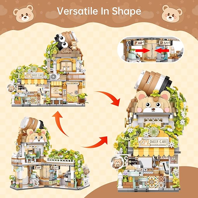 Creative Brick Box Street View-Coffee Shop Mini Building Toy Animals Interactive for Kids Simulation Architecture Toy for Girls and Boys Ages 6+ - Gift Easter Birthday Christmas (1077 PCS)