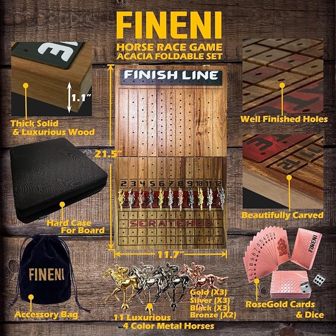 Horse Racing Game for Adults - Foldable Board Game With 11 Luxurious Metal Horses (Gold Silver Black RoseGold) - 22 Acacia Wood Race Game Board Dice &amp RoseGold Card