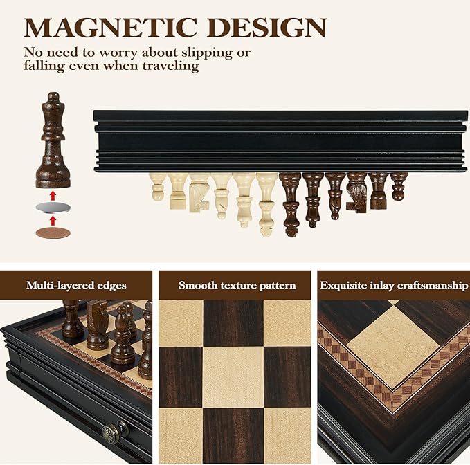 12.5’’ Wooden Chess Set Magnetic Chess Pieces with 2 Built-in Storage Drawers - Chess Broad Game for Beginner Kids Adults - 2 Bonus Extra Queens