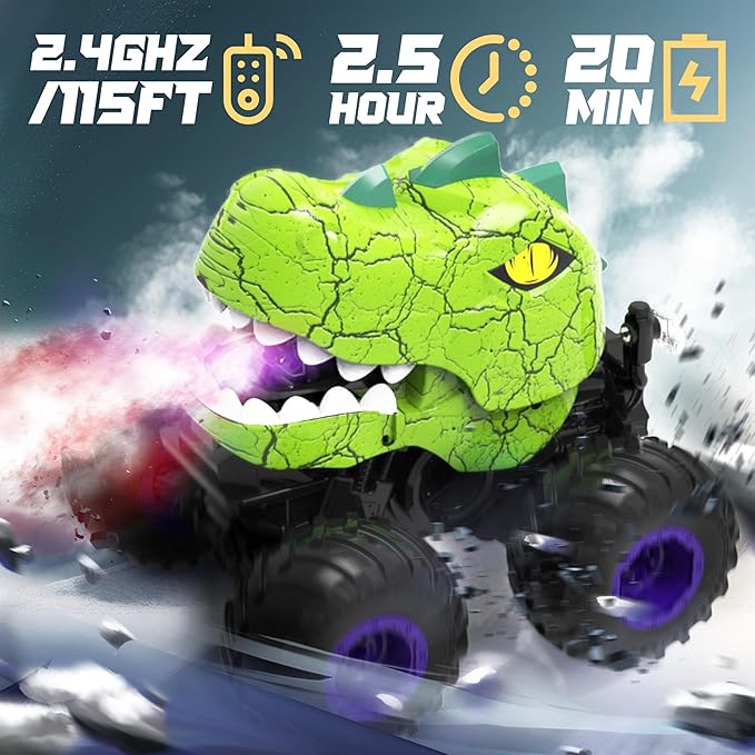 BEZGAR Monster Truck Toys - Remote Control Monster Truck with Spray Light Music Dinosaur Toys for Kids 1:20 Scale RC Truck with 360° Spins and Drifting Remote Control Car for Boys 4-7 Green