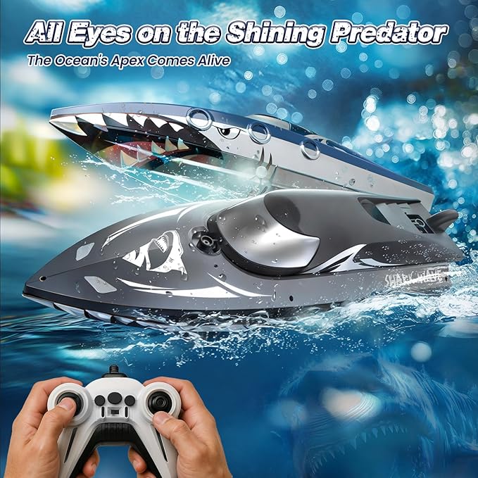 Shark RC Boat for Kids &amp Adults2.4GHz High Speed Remote Control Racing Boat W/ Dual Battery 50 Min RuntimeWaterproofFast Remote Control Toy Gift Kids 8-12 Ideal for Pools &amp LakesRealistic