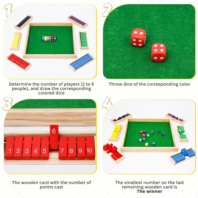 Upgraded 1-6 Players Shut The Box Dice Game with 12 Dice Wooden Classic Board Games Traditional Table Math Game Tabletop Math Dice Game for Pub Bar Home Classroom Party