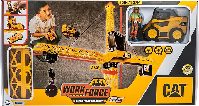 Cat Construction Workforce Jumbo Tower Crane Set 50-Inch RC Crane Toy with 360-Degree Rotation Hook and Wrecking Ball Light Skid Steer and 4 Figure USB Rechargeable Ages 5+