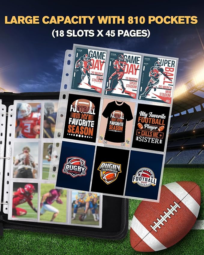 Football Card Binder 9 Pocket Football Card Holder 3 Ring Binder with Zipper 810 Pockets Portable Collector Album for Sports Cards Game Cards TCG MTG 2025-2026