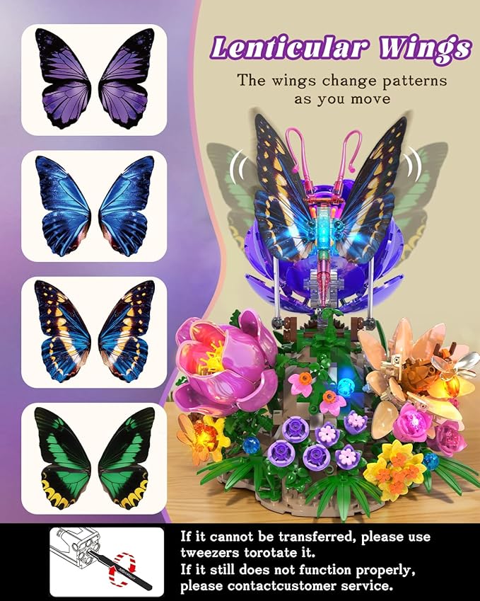 JMBricklayer Butterfly Building Set with Light for Adults Botanical Flowers Collection Building Blocks Set Creative Birthday Valentine's Day Gift for Women Mom Girlfriend Wife