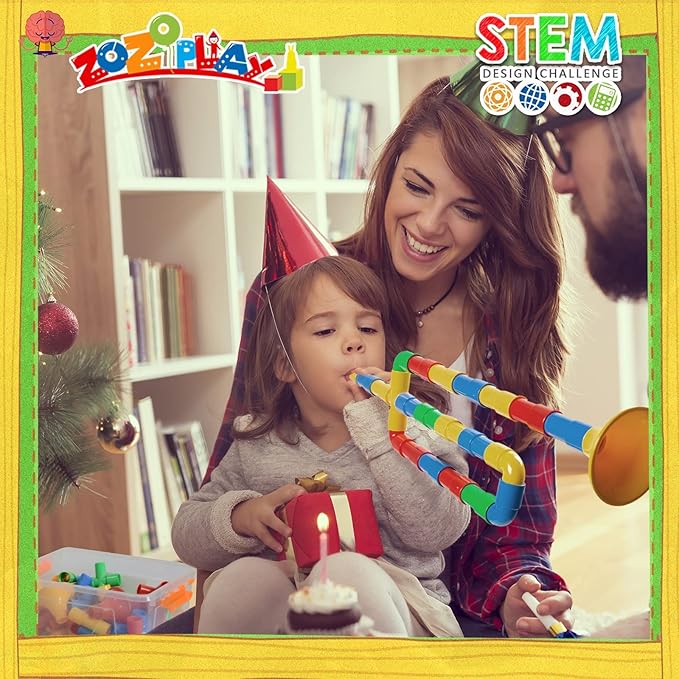ZOZOPLAY STEM Toys Tube Locks 72 Piece Tubular Pipes &amp Spouts &amp Joints &amp Whistles &amp Trumpet Toy Learning Educational Building Block Set with Whistles Gift for Boys Girls
