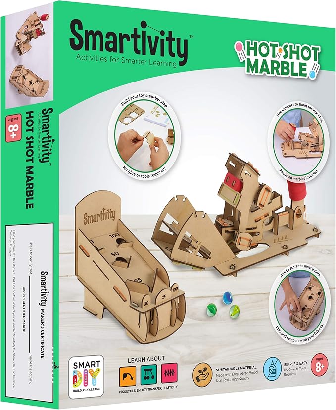 Smartivity Hot Shot Marble 3D Wooden Model Engineering STEM Learning Toy for Kids Ages 6 and Up includes Rubber Bands Marbles Engineered Wood Components Instruction Manual Learner's Log
