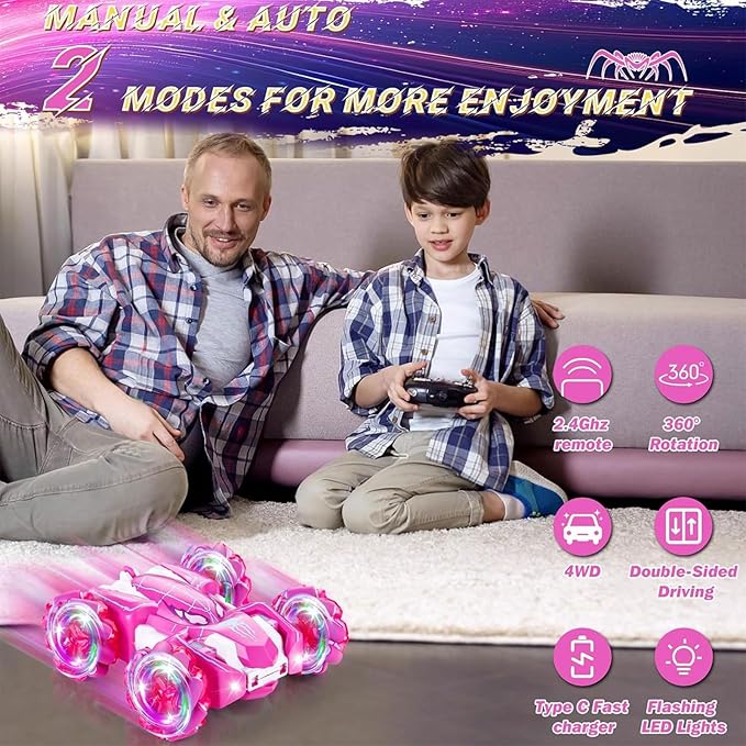 Spider Remote Control Car Double Sided 360°Rotating USB Direct Charging RC Cars with Cool Lights 2.4Ghz Drift RC Stunt Car 360°Rotating 4WD Off-Road Race Toys for 4-12 Boy Girl Kids Gifts(Pink)