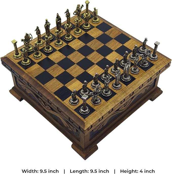 Wooden Chess Set with Storage – Handcrafted Chess Board and British Figure Metal Chess Pieces – Decorative Chess Game for Adults &amp Kids – Premium Gift for Family &amp Friends (Gold Chess Pieces)