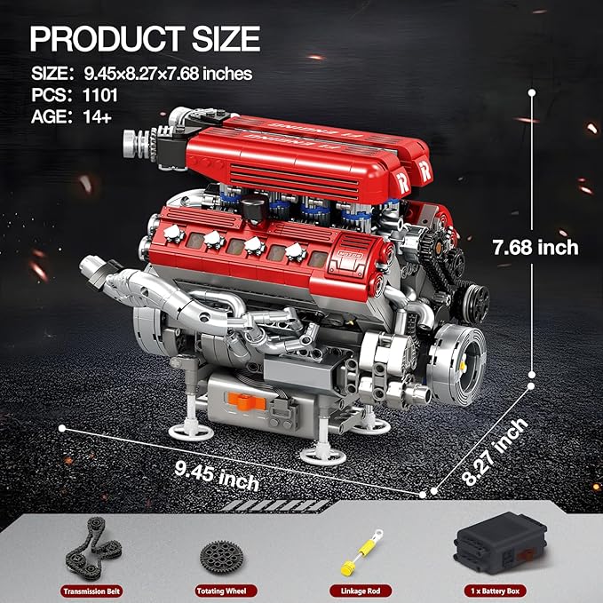 Reobrix V8 Engine Building Set for Adults 1101 PCS Mechanical Building Blocks with Realistic Engine Motor Car Engine Engineering DIY Model Kit STEM Educational Gift for Car Lovers &amp Collectors