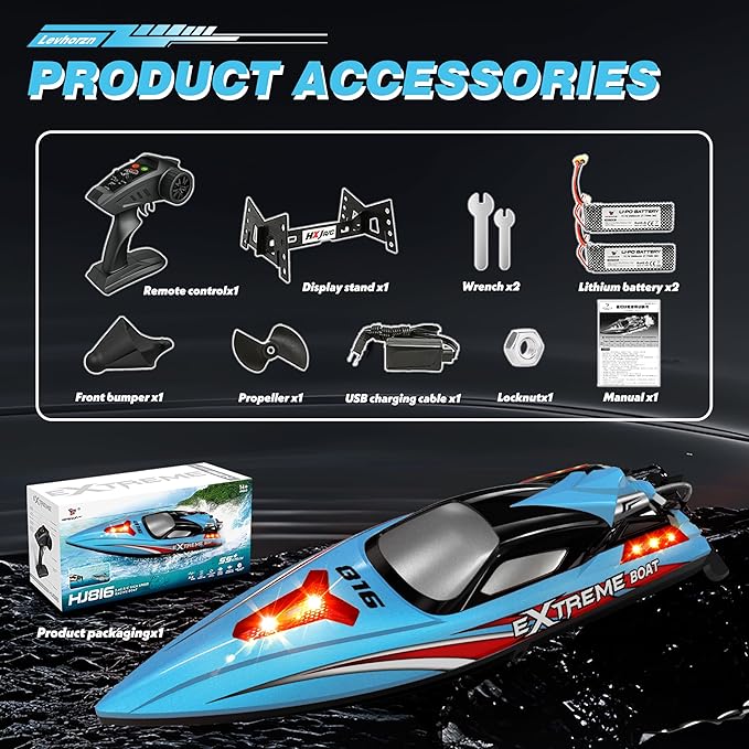 34+MPH Brushless RC Boat for Adults &amp Kids with 2 Rechargable Batteries- Large 19” Remote Control Boat Toy HJ816 Rc Speed Boats for Lakes &amp Rivers (Cyan)