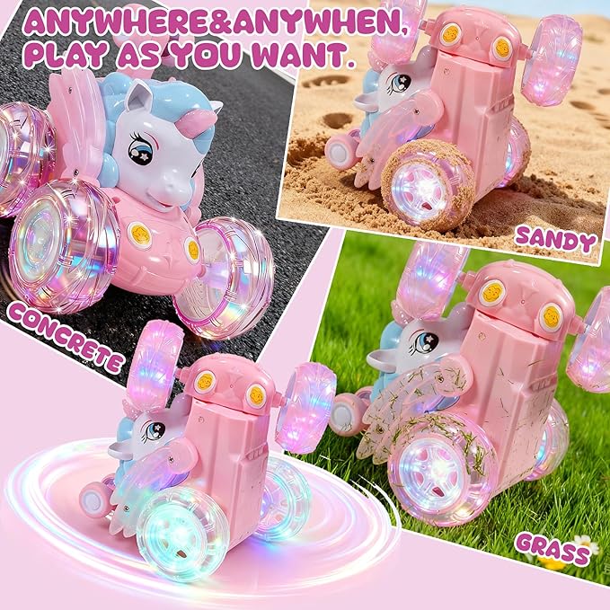 Unicorn Toys RC Car for Girls 4-6 Pink Cute Remote Control Toy for Beginner - Easy-to-Use 360°Flips Stunt &amp Cool Blinky Lights - 3 4 5 6 7 8-10 Year Old Girl Birthday Gift Idea Christmas Stuff