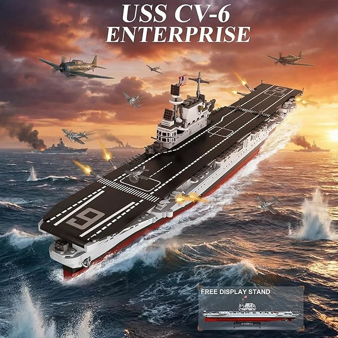 USS CV-6 Enterprise Battleship Building ToysMilitary Series Ship MOC World War II Battleship Toy Gift Ship Building Block Set for Adult Collection(1883 Pieces)