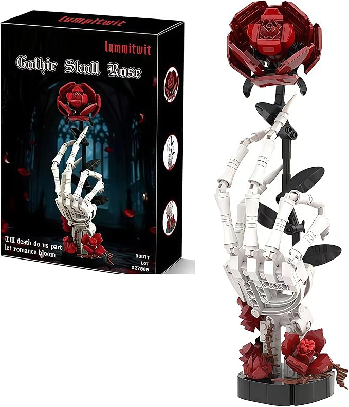 Gothic Skull Hand Red Rose Bouquet Building Set Gothic Horror Decor BotanicalBotanical Collection Kit for Adults and Women Valentine's Day Gift Gothic Romantic Horror Skeleton Home Table Decor