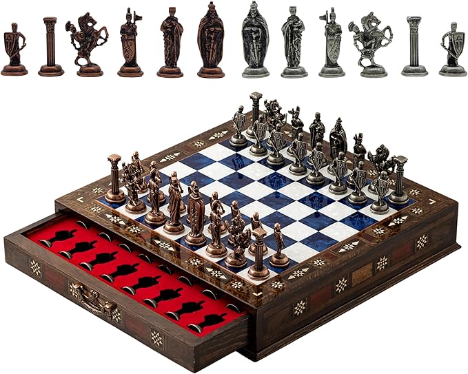 15” Handmade Wooden Storage Chess Set – Handmade Wooden Chess Board with Metal Pieces – Luxury Chess Gift for Adults Decorative &amp Collectible (Blue)