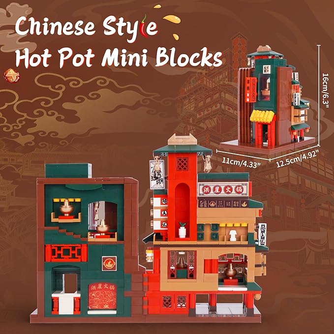 Oichy Chinese Street View Hot Pot Shop Mini Building Blocks MOC Construction Toy 1006 PCS Simulation Architecture Blocks Creative Building Sets for Adults Kids
