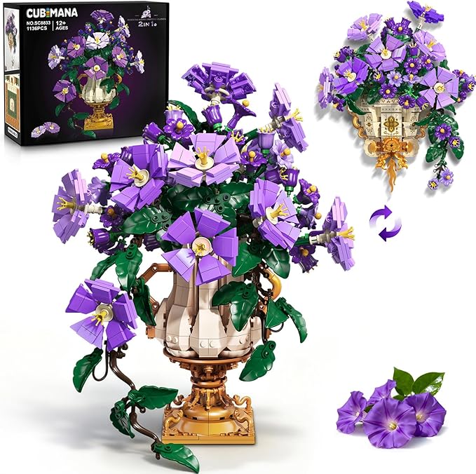 Flowers Botanicals Building Set with Vase - 2 in 1 Morning Glory Bonsai Building Blocks Plants Arrangement Vintage Wall Flower Pots Home Decor Gift for Easter Day Adults 12+ (1136PCS)