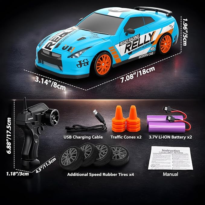 RC Drift Car Remote Control Car 2.4GHz 1:24 Scale 4WD 15KM/H High Speed Model Vehicle LED Lights Drifting Tire Racing Sport Toy for Adult Boys Girls Kids Gift 2Pcs Rechargeable Batterie