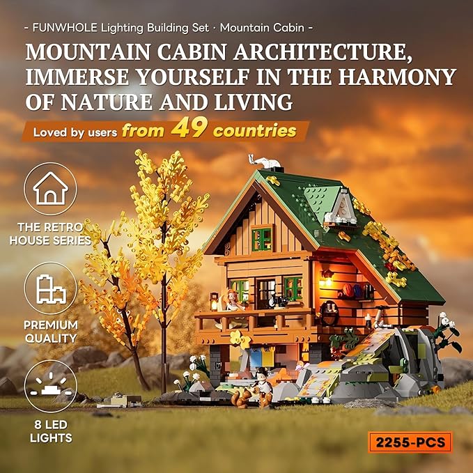 FUNWHOLE Mountain-Cabin House Lighting Building-Bricks Set - Friends Mountain House and Treehouse Collection LED Light Building Set 2255 Pcs for Adults and Teen