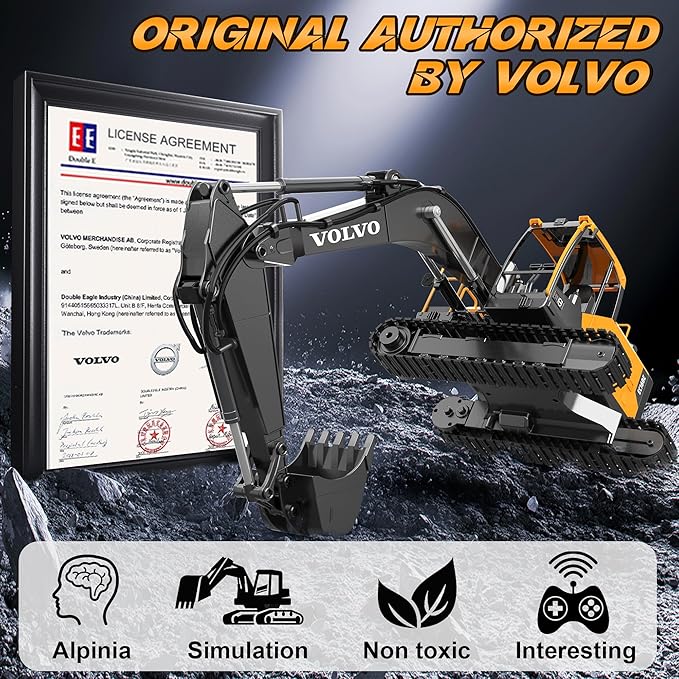 DOUBLE E Volvo 1:16 Scale RC Excavator 3-in-1 Construction Toys with 360° Rotation Metal Shovel Drill &amp Grabber – Professional Grade Remote Control Engineering Vehicle