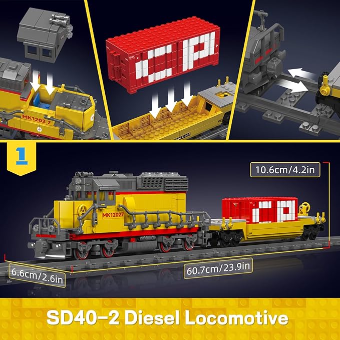 Mould King 12027 Diesel Locomotive Train Building Sets with a Semi-Trailers Cranes Remote/App Control Engineering Toy Kit Scale Model with Trains Tracks for Adults(1170 Pieces)