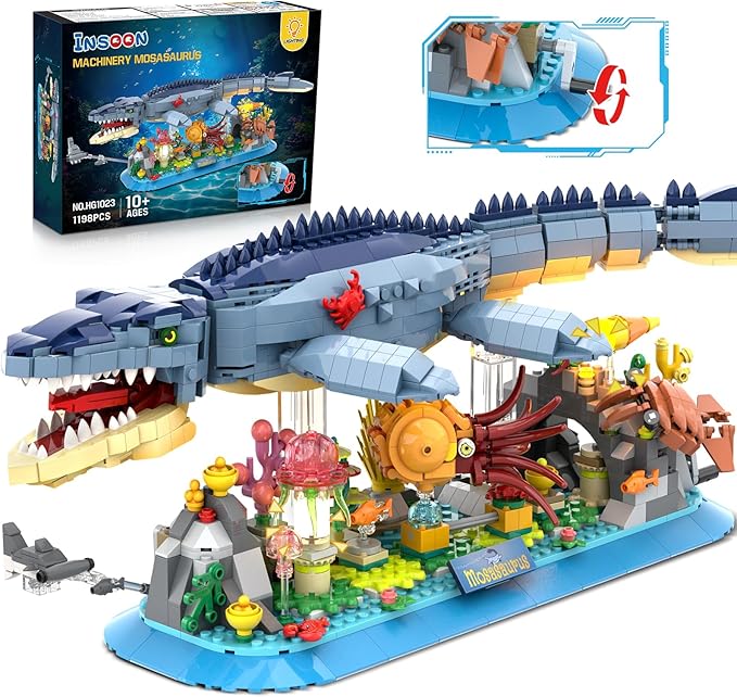 Mosasaurus Building Set with LED Light 1219 PCS Movable Ocean Animal Building Block Toy with Nautiluses Jellyfish Squid Coral Reef Ancient Reptile Home Decor Gift for Adults Teens Boys 12+