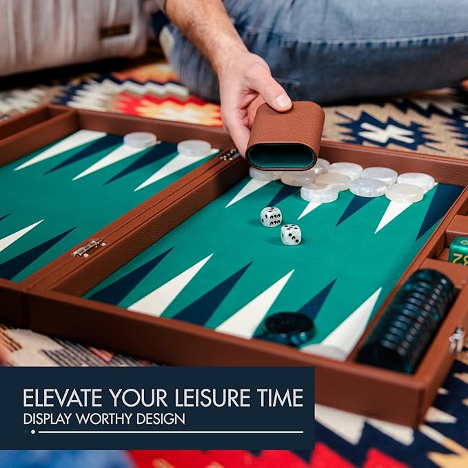 19 Inch Premium Backgammon Sets for Adults Leather Brown - Green. Premium 1.6 Inch Checkers &amp Dice Set Travel Backgammon Set Large Backgammon Board Game Backgammon Game Set