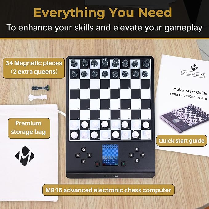 Millennium ChessGenius Pro M815 – Electronic Chess Computer with 2200 ELO Adaptive AI Skill Levels Color Display Built-in Trainer Magnetic Travel Design