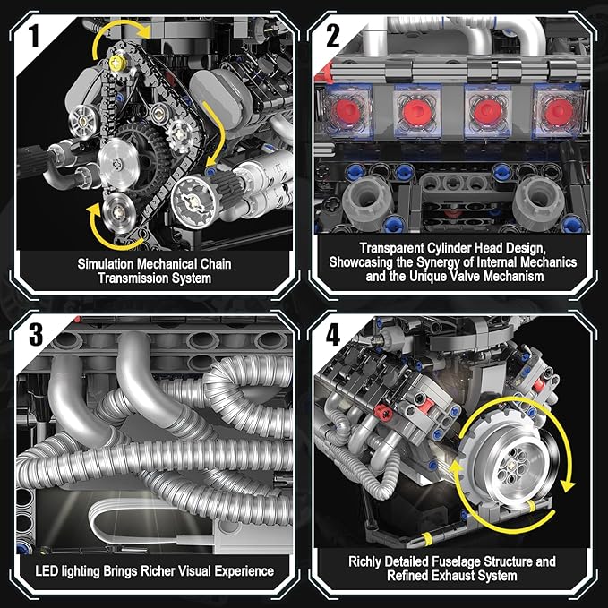 HIGH GODO V8 Engine Kit That Work Visible Car Engine Model Kit with Motor and Lights Build Your Own Car Engine Kit with App Control Kit STEM Project for Teens Adults 14+ (715 PCS)